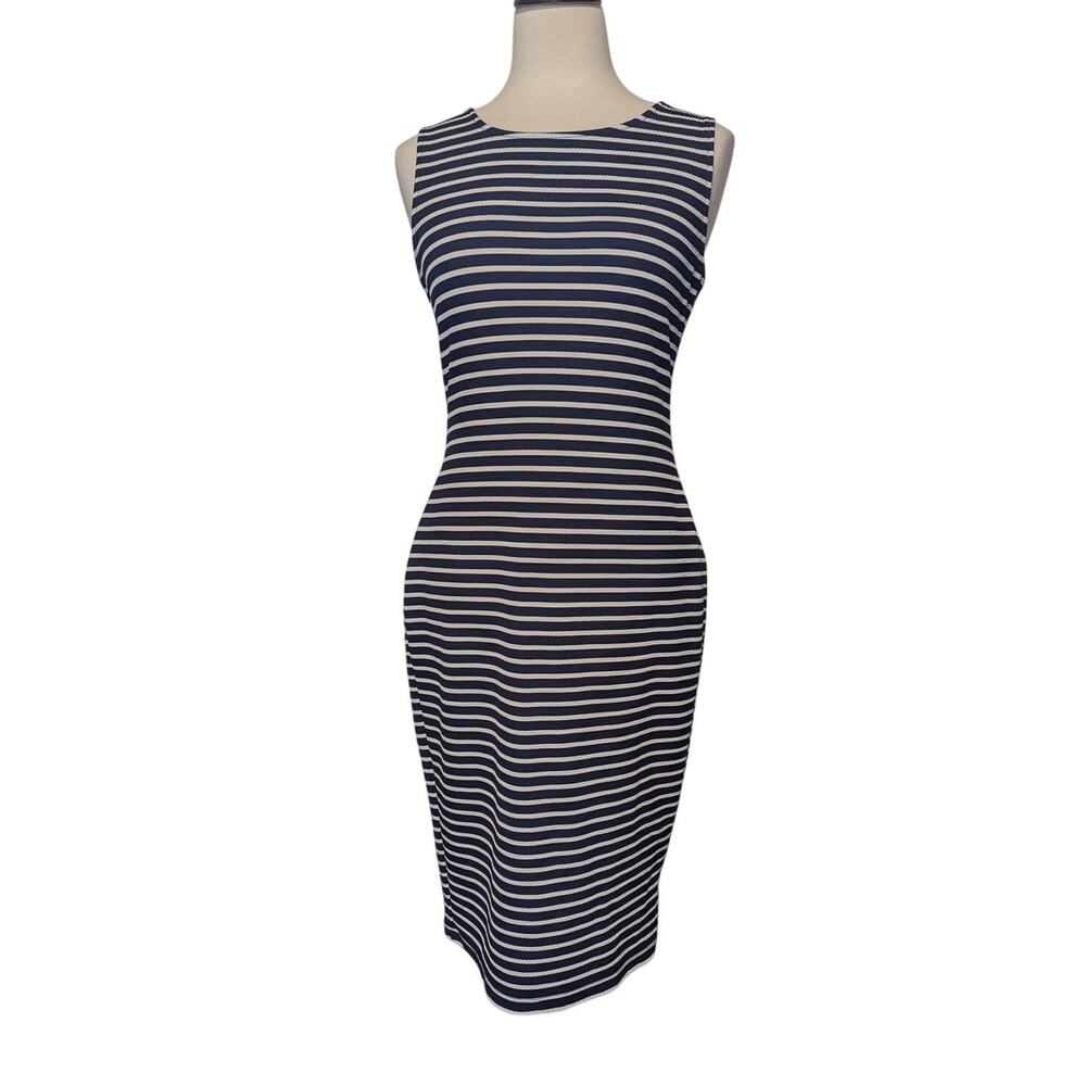 Olivia Matthews Sz 6 White & Navy Striped Bodycon Dress Sleeveless Back Zip